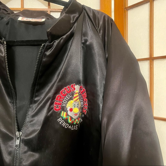 Vintage Black Satin Circus Circus Poker Bomber Jacket XXL - Picture 2 of 12